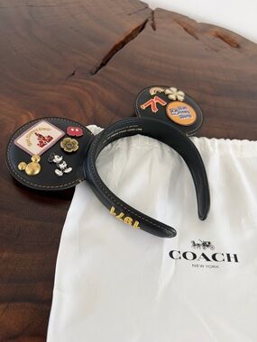 Coach Black Leather Ear Headband with Colorful Pins